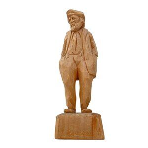 V. Bourgault Quebec art Hand-Carved Wooden Sculpture Old Bearded fisherMan In Tr